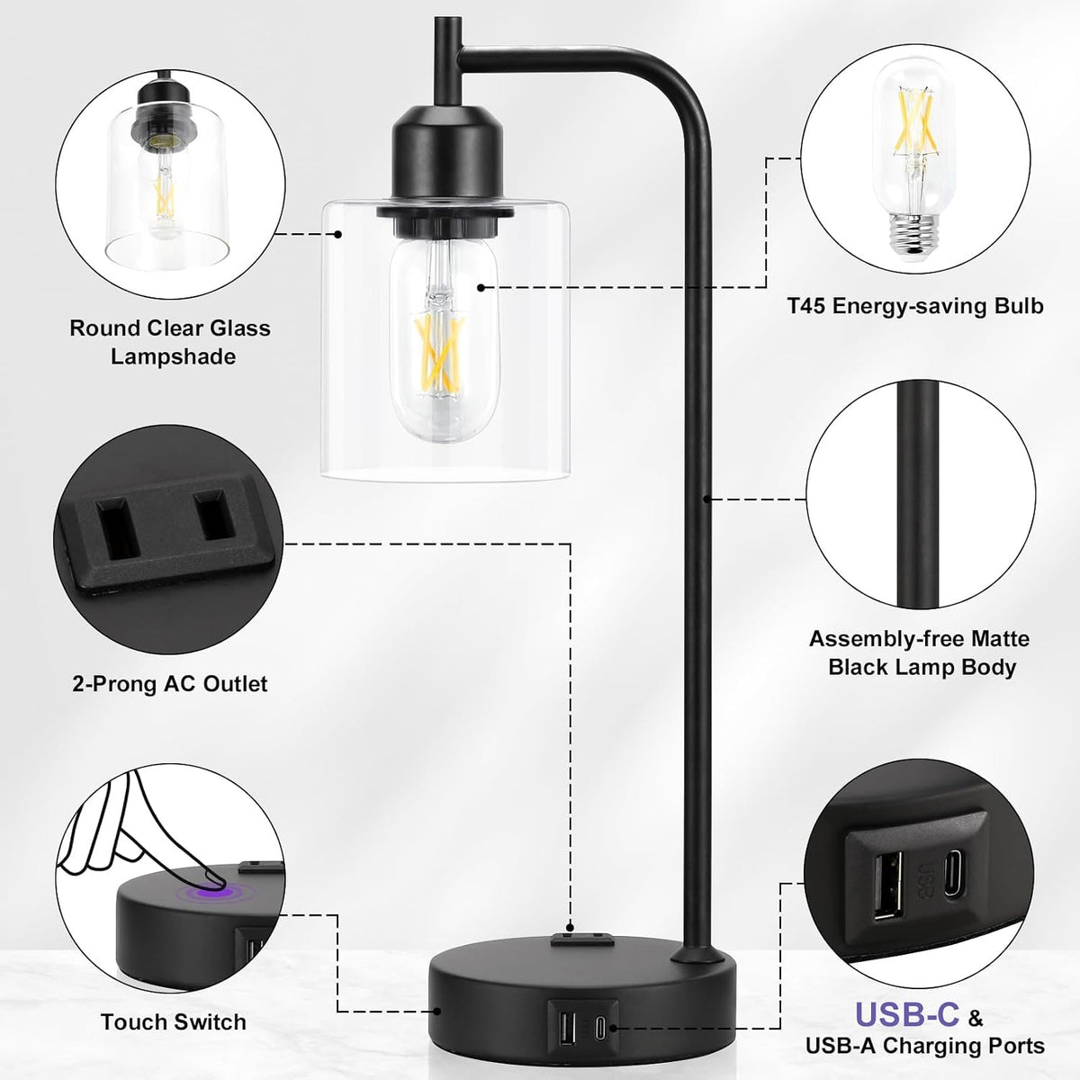 Industrial Touch Lamps for Nightstand Set of 2, 3-Way Dimmable Bedside Lamp