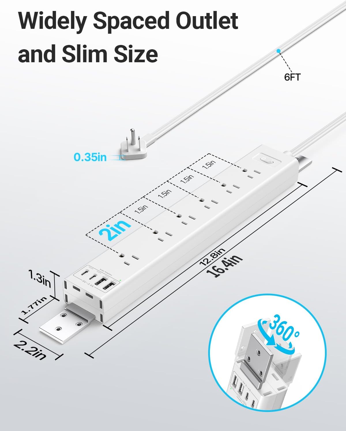 360° Mountable Surge Protector Power Strip with 4 USB Ports (2 USB C), 6 FT Electrical Outlet & Flat Plug Extension Cord for Under Desk, Wall, or Corner Mount (White)