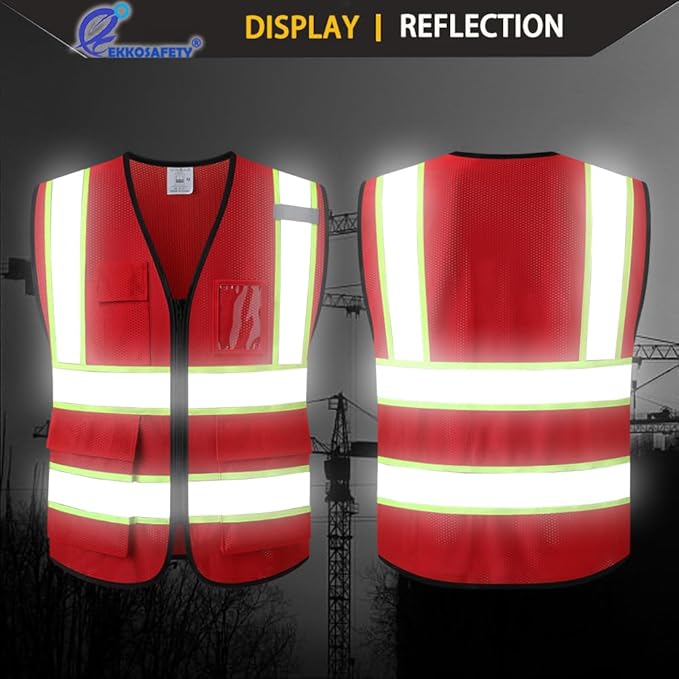 Reflective Mesh Safety Vest for Men Women with 5 Pockets and Zipper Front High Visibility Vest Hi Vis Construction Work Vest,Meets ANSI/ISEA Standards(EK175-Red-2XL)