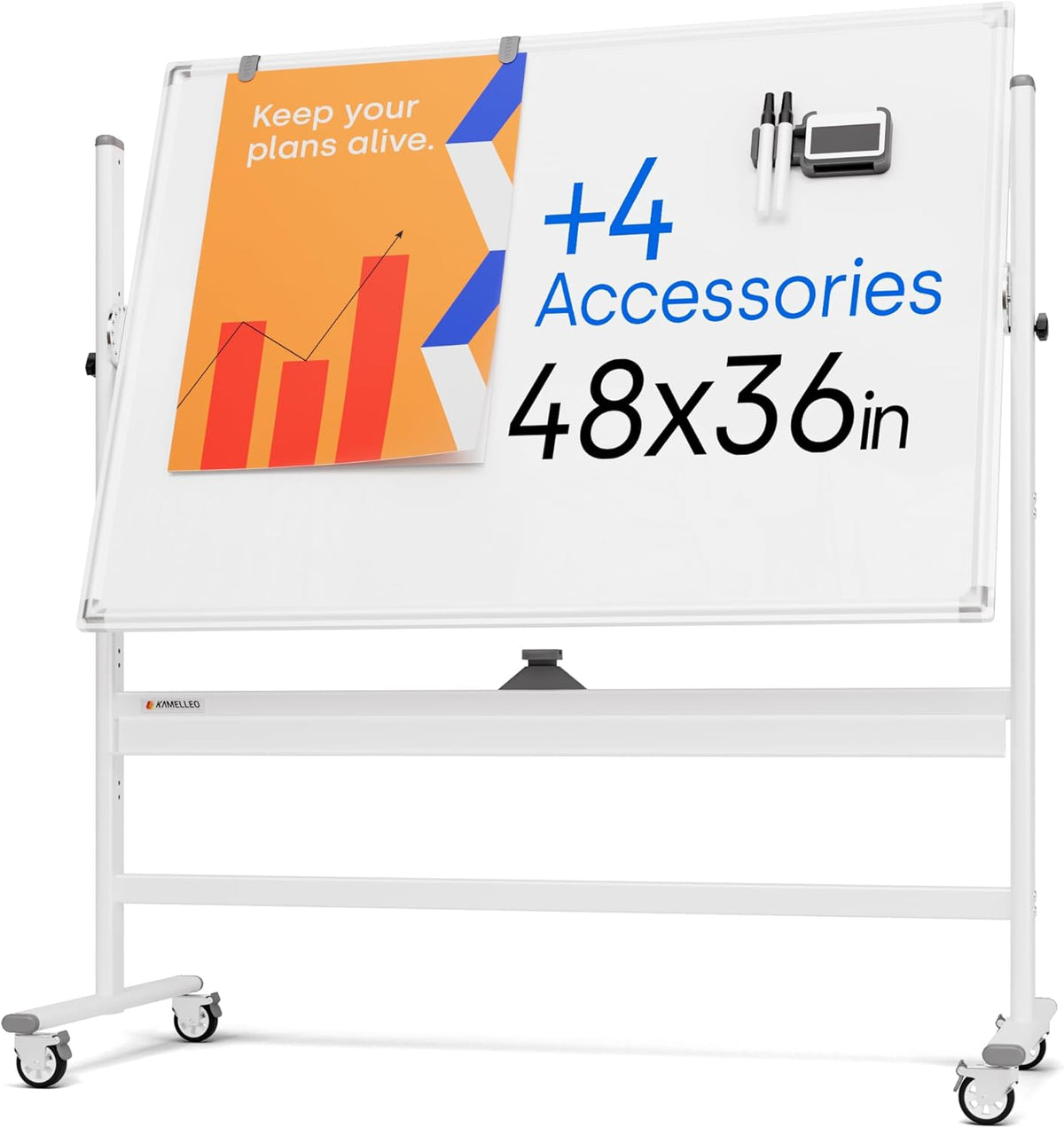 Kamelleo Rolling Whiteboard on Wheels 48" x 36", Double Sided White Board