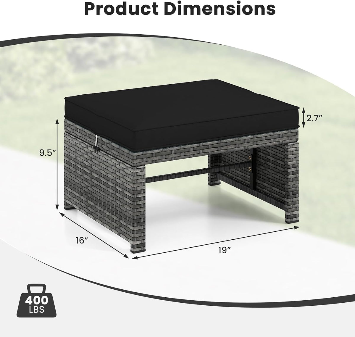 Outdoor Ottomans, Set of 2 PE Rattan Foot Stool w/Soft Zippered Cushions, Multipurpose Patio Ottomans, Outdoor Furniture for Backyard, Additional Seating, Footrest, Side Table (Black)
