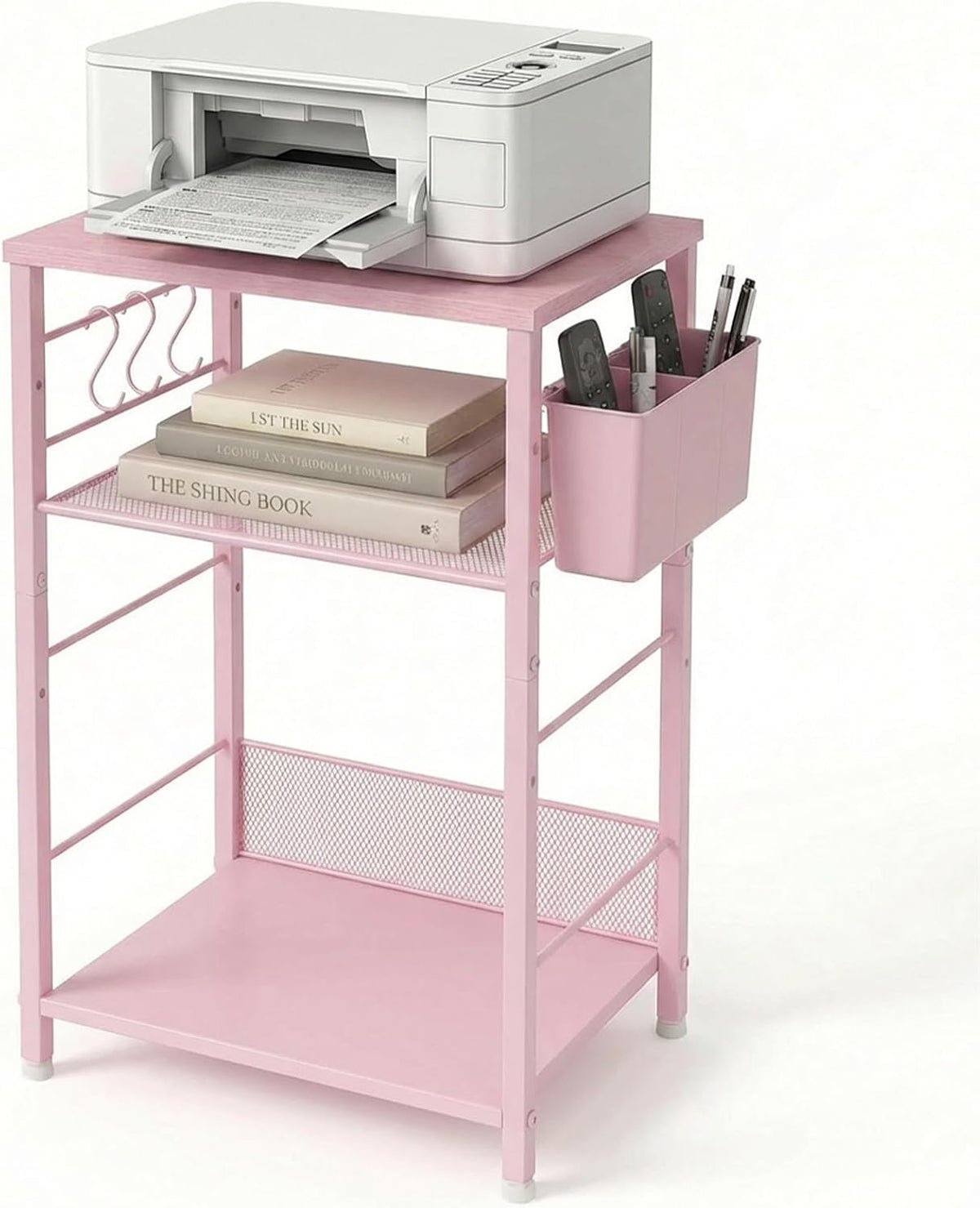 ECOLOVI Small 3 Tier Printer Stand for Under Desk, Height Adjustable Shelf Printer Table with 3 S-Hooks & Basket, Heavy Duty Industrial Storage Shelf for Home Office (Deep Pink)