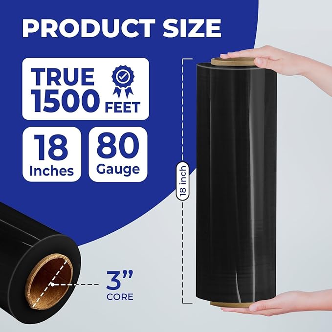 Rosmonde Bulk Black Plastic Wrap, 18" x 1500 ft, 20 Rolls Pack, 80 Gauge Heavy-Duty Pallet Shrink Wrap, True 1500 Ft, 3" Core, Puncture Resistant Stretch Wrap for Moving, Shipping & Secured Wrapping