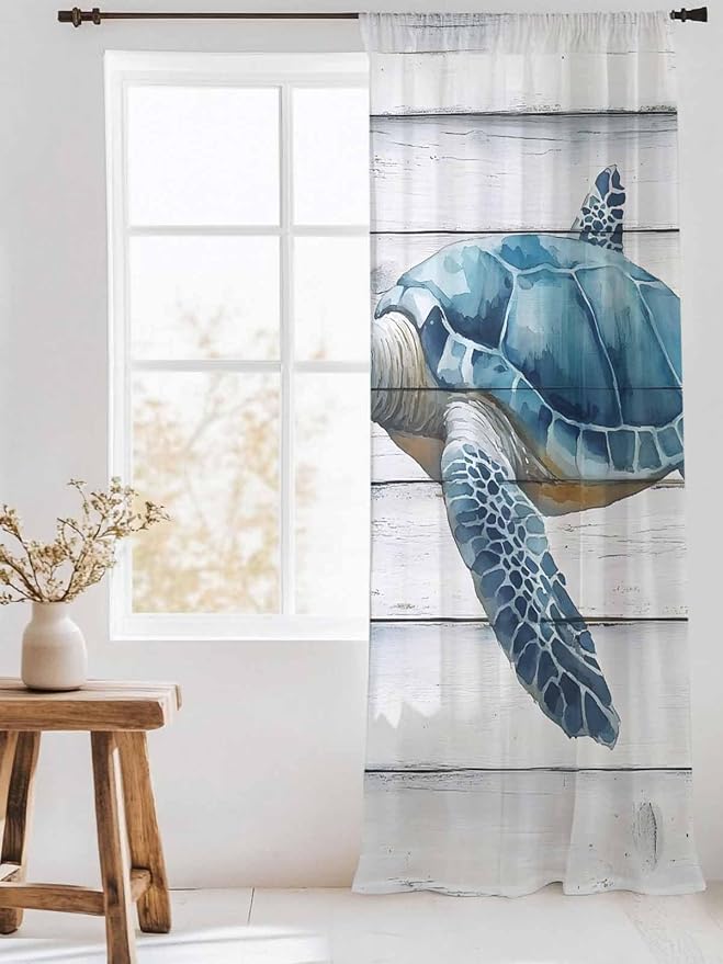 Sheer Curtains 84 Inches Long, Sea Turtle Blue Semi Sheer Curtains Light