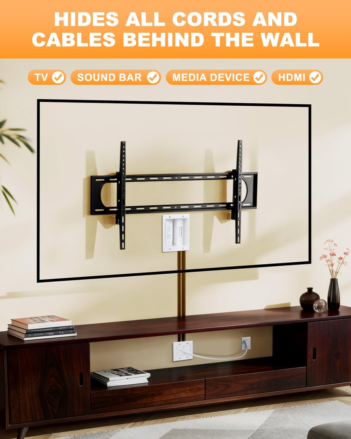 in Wall Cable Management Kit with Recessed Outlet Box, Two-Hole Socket, 10ft Power Cord, Tv Cable Hider Wall Kit Fits All Plugs, Easy, Safe Cable Management