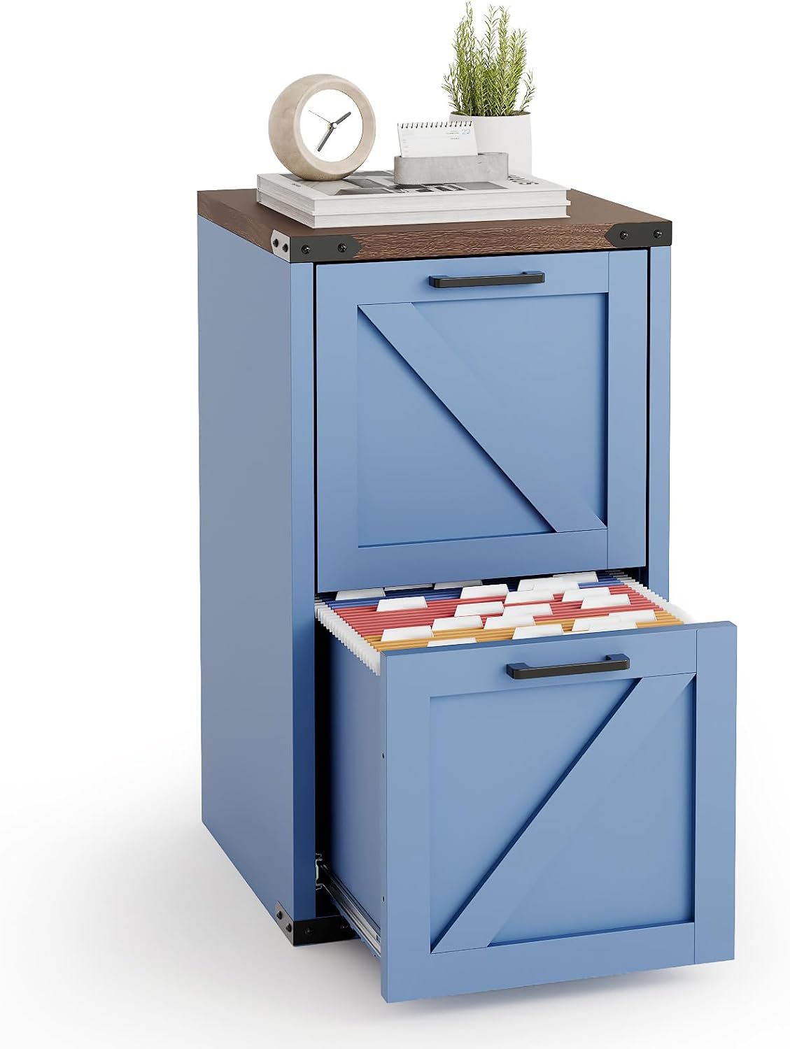 VINGLI 2 Drawer Farmhouse Metal File Cabinet, Home Office Filing Organizer for Letter File Folder Storage, Printer Stand with Drawers, Archivador, Vertical Filing Cabinet for Study, Business (Blue)