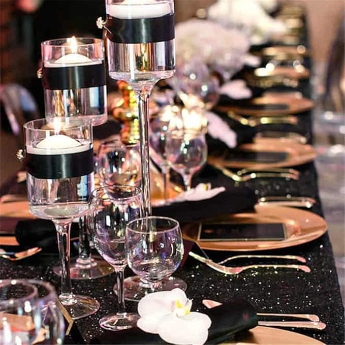QueenDream Seamless Sequin Tablecloth 90x132 Inch Black Rectangular Tablecloth for Christmas Wedding Birthday Halloween
