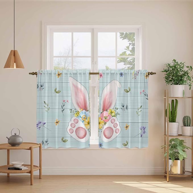 Easter Kitchen Tier Curtains 45 Inch Long 2 Panel Set, Rod Pocket Short Window