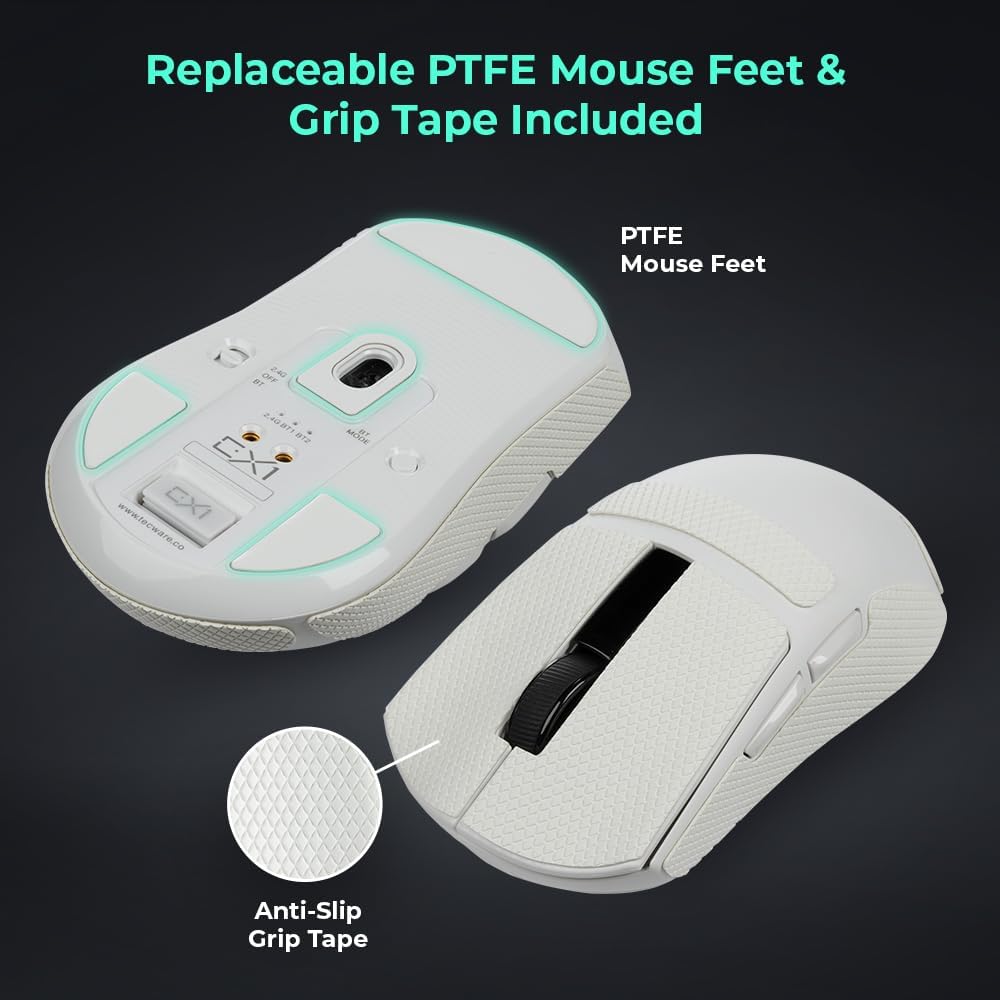 TECWARE EX1 Lightweight Gaming Mouse | 26K DPI Wireless Mouse with OLED Display | 59g Ultra-Light Design | RGB Charging Dock | Tri-Mode Connectivity 2.4GHz/Bluetooth/Wired with Grip Tape | White