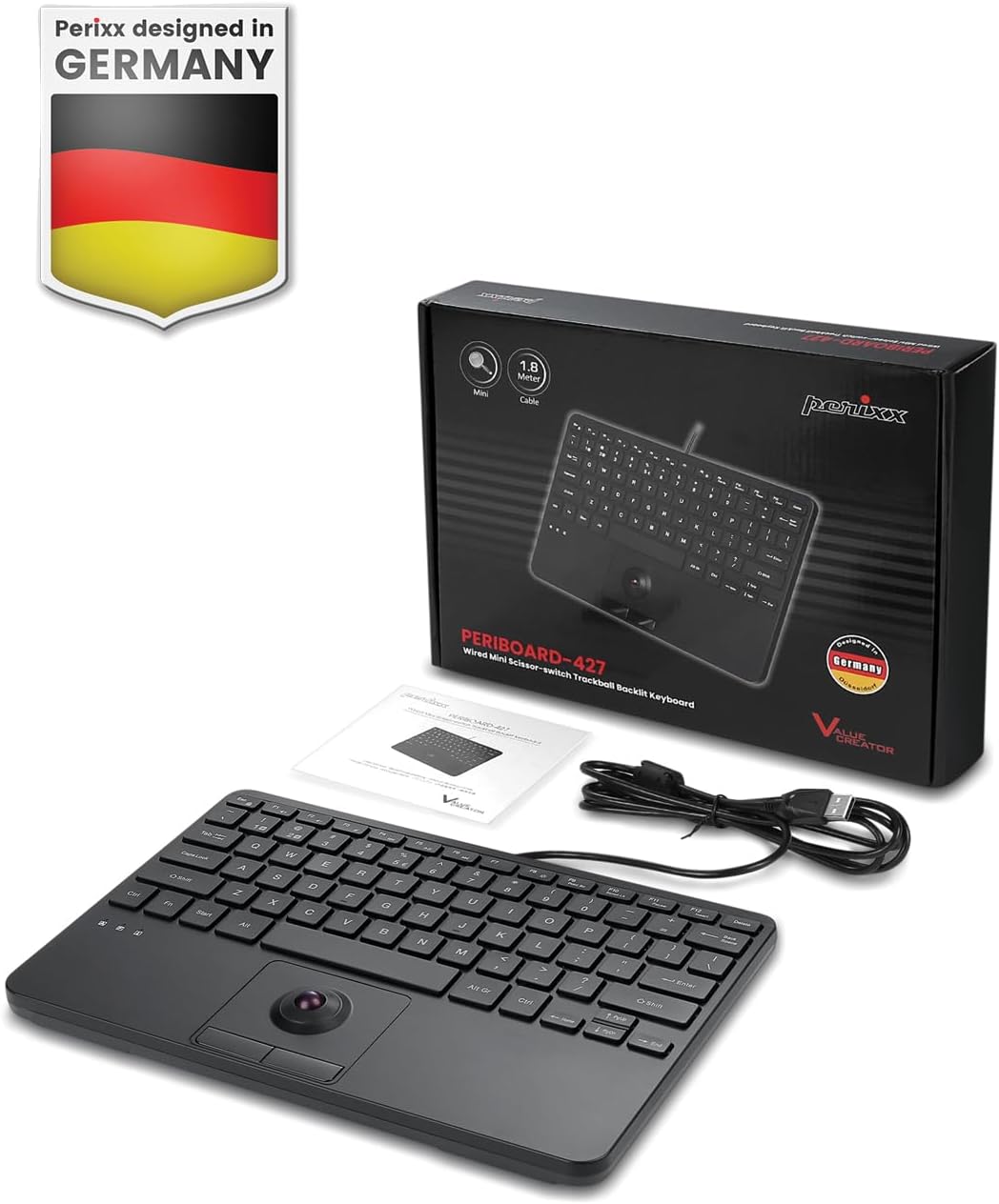 Perixx PERIBOARD-427 US, Wired USB Keyboard with Backlight and Trackball - White and Red Backlight - Compact Size 11.18 × 7.17 × 1.1 Inches - 2 Built-in USB Hubs