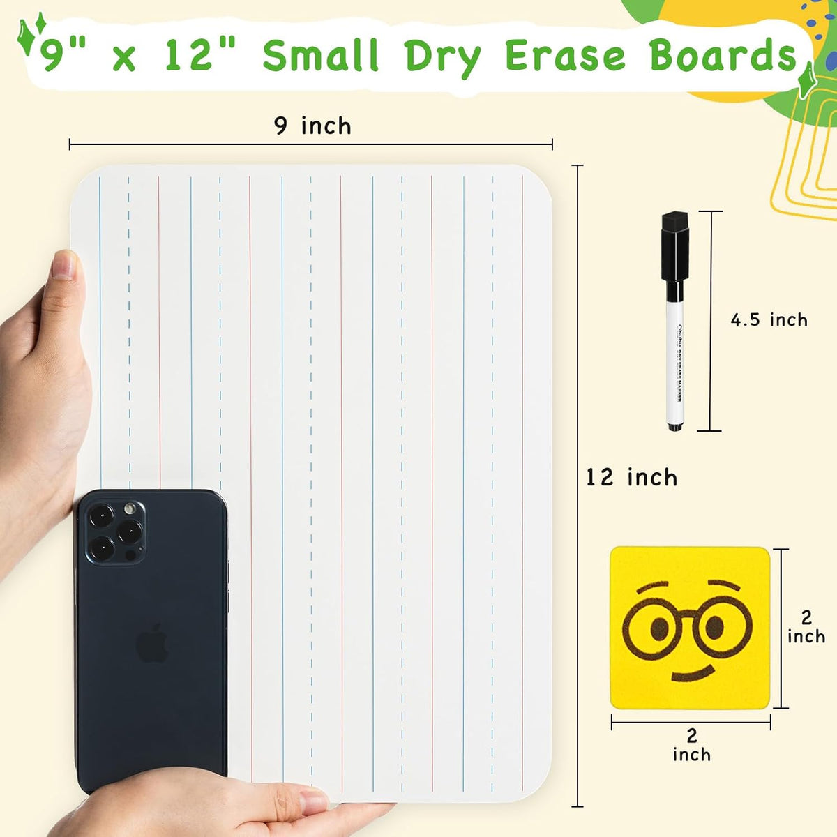 Ohuhu 25 Pack 9x12 Lined/Plain Double-Sided Whiteboard with Markers Erasers