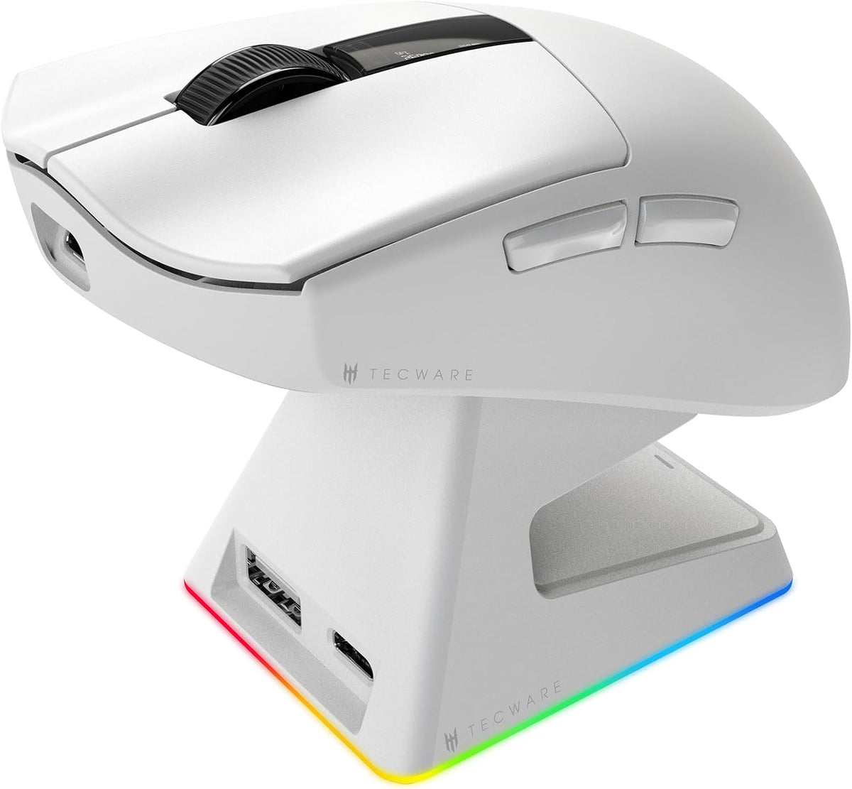 TECWARE EX1 Lightweight Gaming Mouse | 26K DPI Wireless Mouse with OLED Display | 59g Ultra-Light Design | RGB Charging Dock | Tri-Mode Connectivity 2.4GHz/Bluetooth/Wired with Grip Tape | White