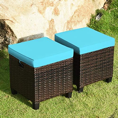 Patio Ottoman Outdoor Rattan Wicker Ottoman Seat, 2 Pieces All Weather Footstool Footrest Seat with Removable Cushions, Outdoor Ottoman Set for Patio, Porch, Poolside (Turquoise)
