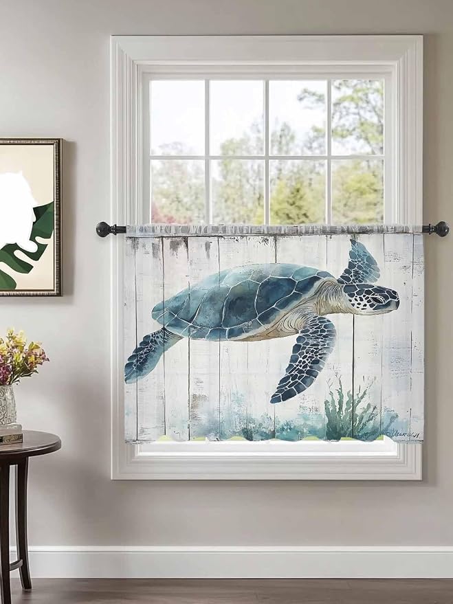 Sheer Curtains 45 Inch Length, Sea Turtle Teal Blue Semi Sheer Curtains Light