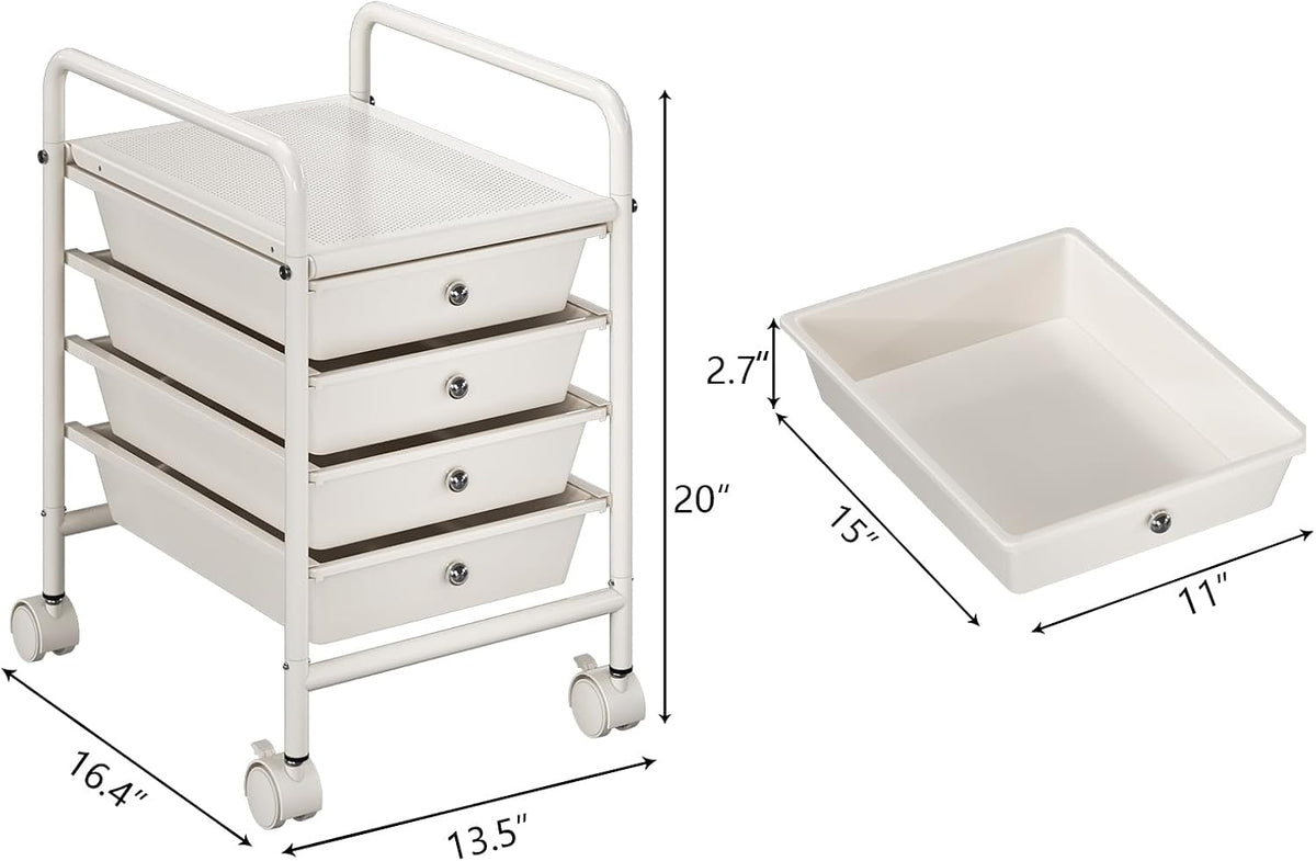4-Tier Utility Cart with 4 Drawers, Rolling Utility Cart with 2 Lockable Caster Wheels, Multipurpose Mobile Rolling Drawer Cart for Office Bathroom Kitchen, Ivory White