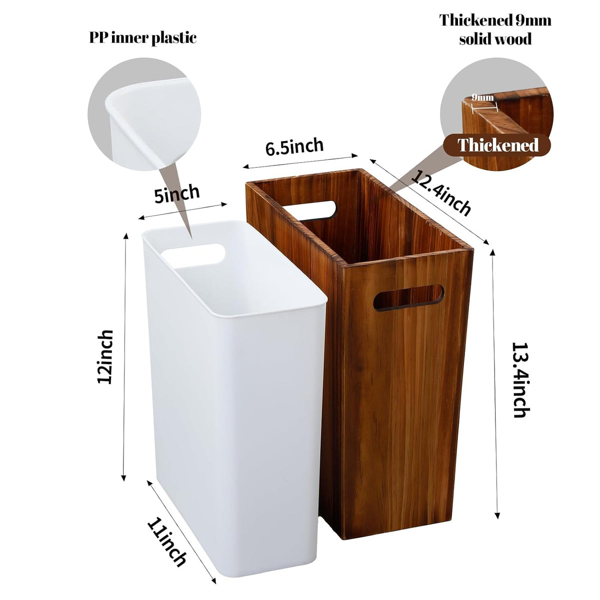 Coeusy 3 Gallon Wood Trash Can with Liner,Small Wooden Bathroom Trash Can