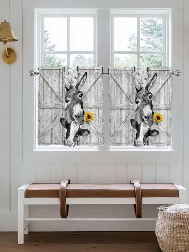 Grey Farmhouse Half Window Curtains 24 Inches Long, Vintage Sunflowers Animals