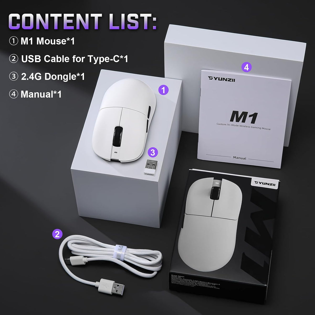 YUNZII M1 PAW3311 Sensor Wireless Gaming Mouse (White)
