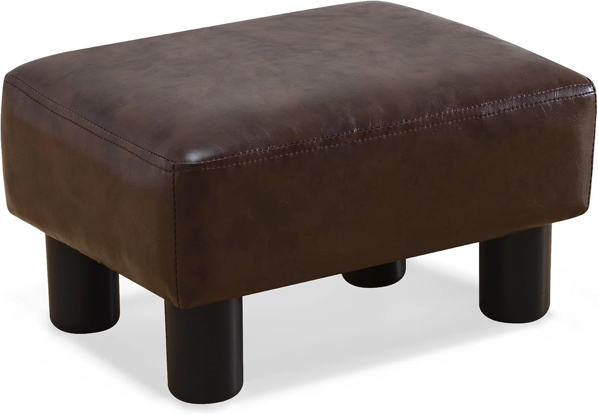 LUE BONA Small Rectangle Foot Stool, PU Leather Fabric Footrest Ottoman with Non-Skid Plastic Legs, Modern Rectangle Footrest Small Step Stool Ottoman for Couch, Desk, Office, Living Room, Brown