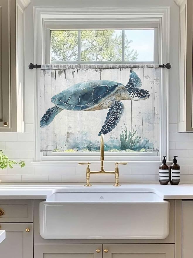 Sheer Curtains 45 Inch Length, Sea Turtle Teal Blue Semi Sheer Curtains Light