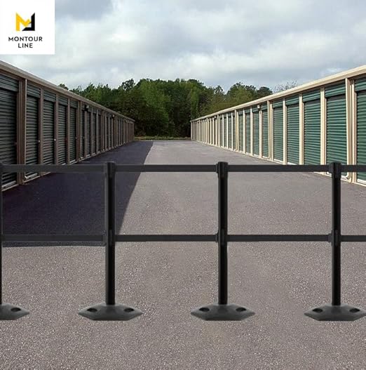 Montour Line MSR630D Set of 2 Retractable Belt Barrier Stanchion, Heavy-Duty Rubber Base, Red Post (7.5 ft Black and Orange Diagonal Dual Belt)