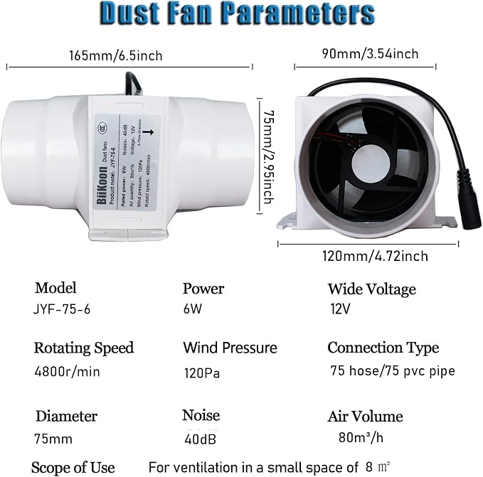 3 Inch Duct Fan Variable Inline Exhaust Blower 12V Extractor Fan 47Cfm Powerful