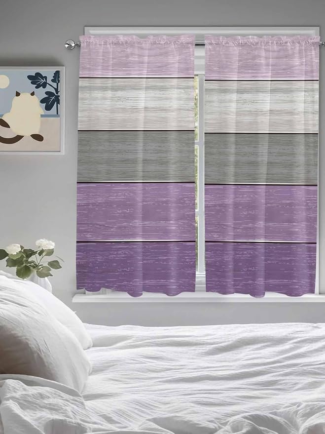 Country Wood Board Gray Purple Window Valance Curtains, Farmhouse Gradient