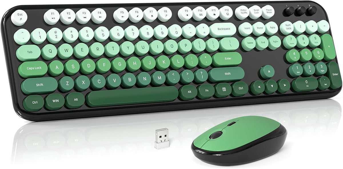 Wireless Keyboard and Mouse Combo, MOWUX Colorful Computer Full Size 2.4G Plug and Play Wireless Typewriter Keyboard and Mouse Set for Computer, Desktop, PC (Black Green Gradient)