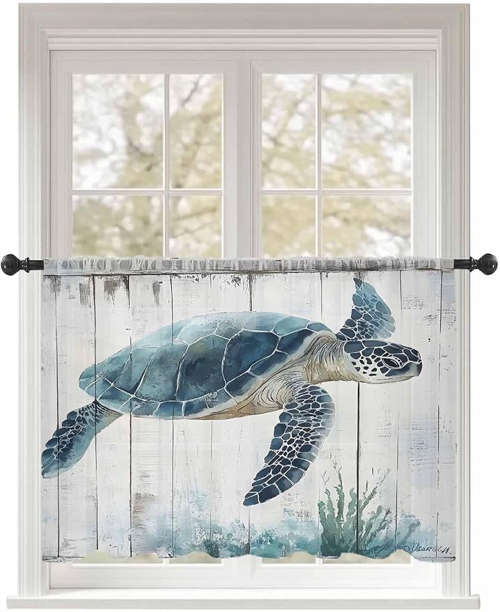 Sheer Curtains 45 Inch Length, Sea Turtle Teal Blue Semi Sheer Curtains Light