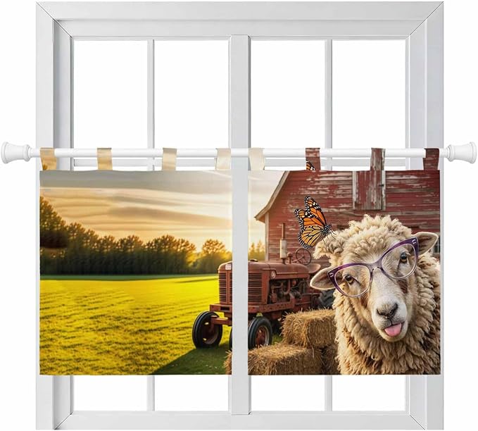Farm Sheep Kitchen Curtains 24 Inch Length, Small Window Curtains Tab Top