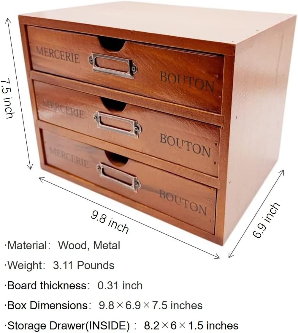 Vintage Wooden Storage Box,storage box with drawers, wooden box,wooden drawers,with Label Holder,Countertop Organizer,desk storage rack, for home, office, factory, office (3 Drawers)