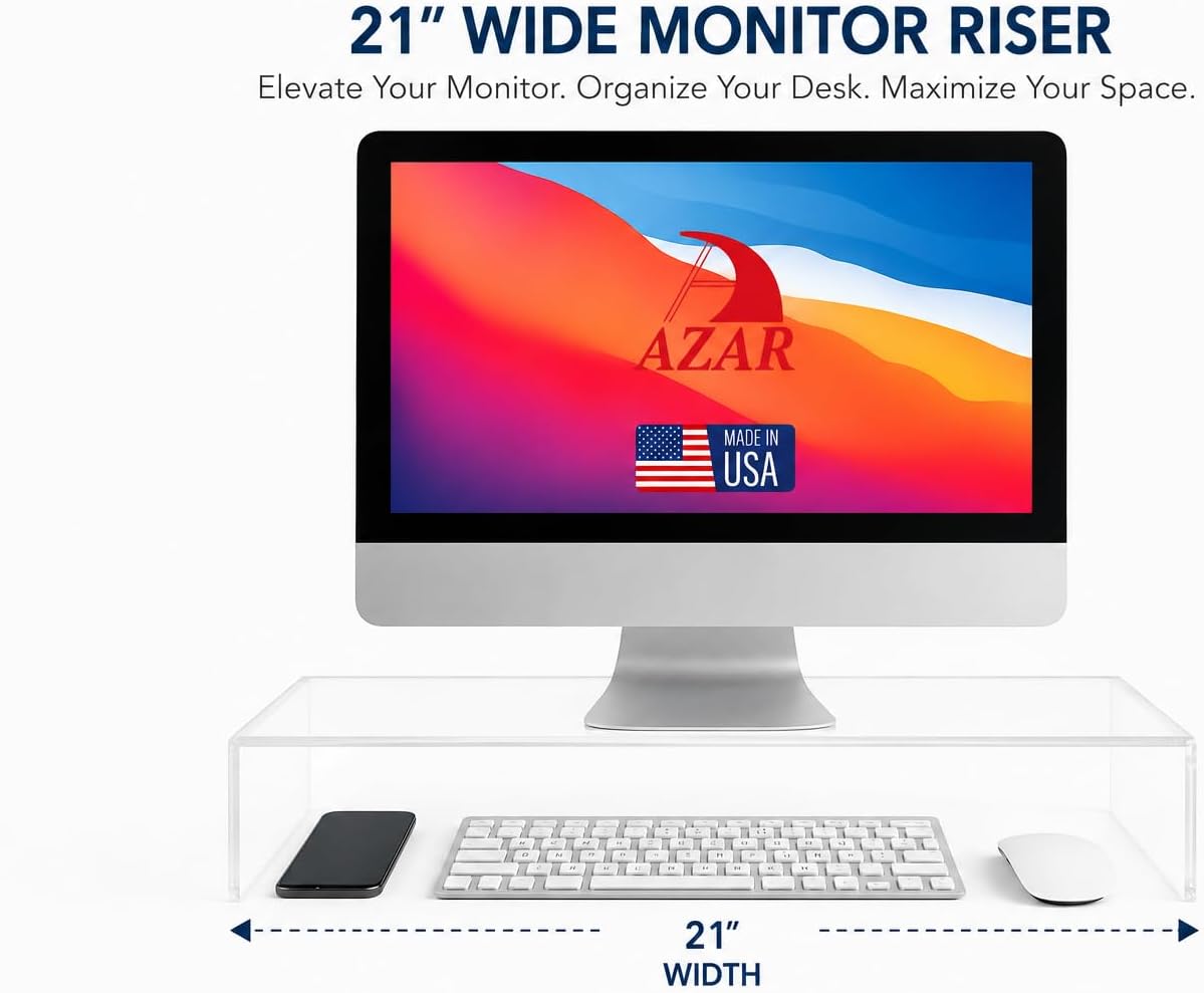 Azar 515360 Acrylic Monitor Stand Riser – Made in USA Laptop stand and Monitor Riser Acrylic Monitor Stand Riser Clear Laptop Stand for Desk Ergonomic Display Riser, Clear (21-Inch-Luxury Handcrafted)