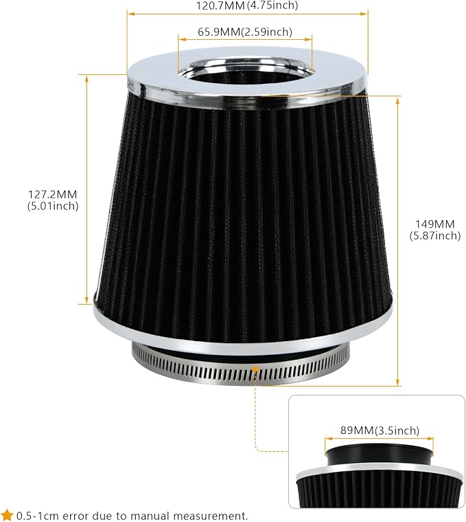 PTNHZ Universal Black 3.5" 89mm High Flow Cold Air Intake Cone Air Filter Power