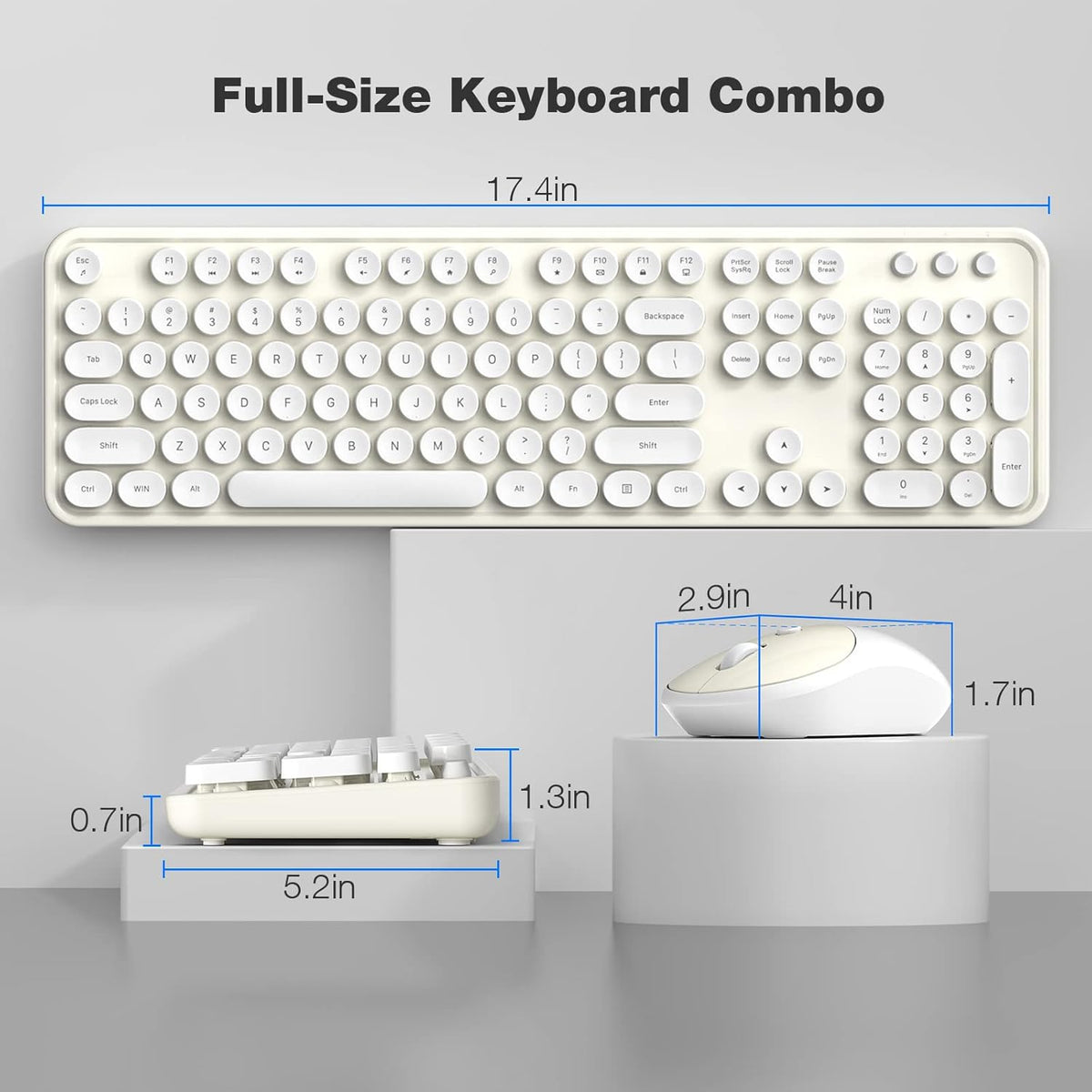 Atelus Wireless Keyboard and Mouse, Typewriter Full Size Keyboard with Number Pad and 2 in 1 USB Connected Mouse for Windows 7/8/10, Laptop, Desktop, PC, Computer (Off-White)