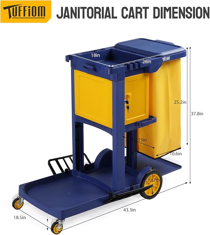 TUFFIOM Multifunctional Janitorial Cart with Key-Locking Cabinet,Cleaning Carts on Wheels,with 15 Gallon Collection Bag,500 lbs Capacity, Yellow&Blue