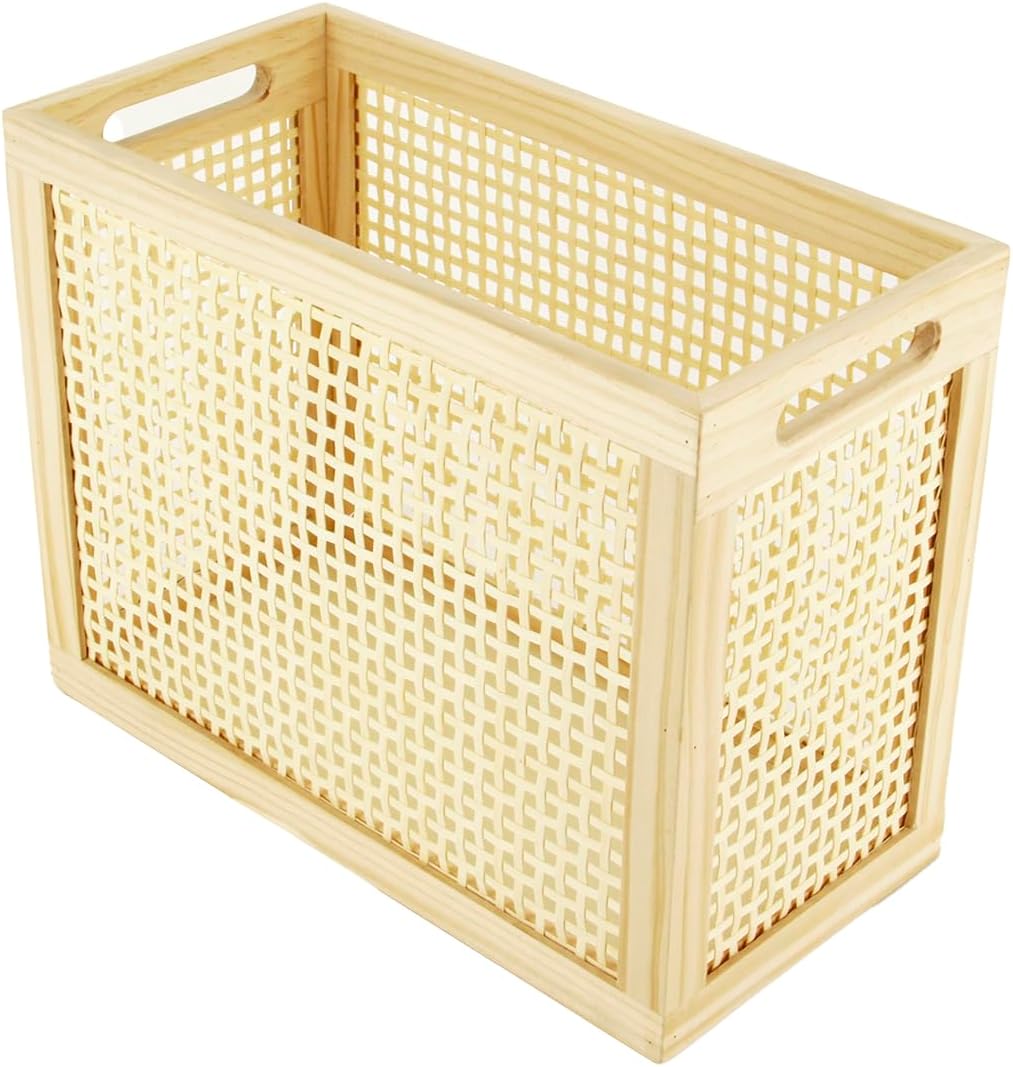 Wood Magazine Holder with Jute Rope Handles,Handcrafted Bamboo Toilet Roll Holder,Wicker Magazine Storage Organizer for Bathroom,Office and Desk -Rectangle- Natural- 15" D x 6.9" W x 11.8" H. (0.58)