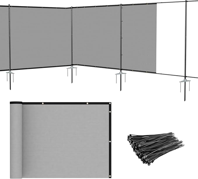 Patio 5' x 50' Outdoor Privacy Screen Freestanding Temporary Fence Panels Net Cover with Metal Poles for Outside Backyard Pool Garden Air Conditioner Fencing, Light Gray