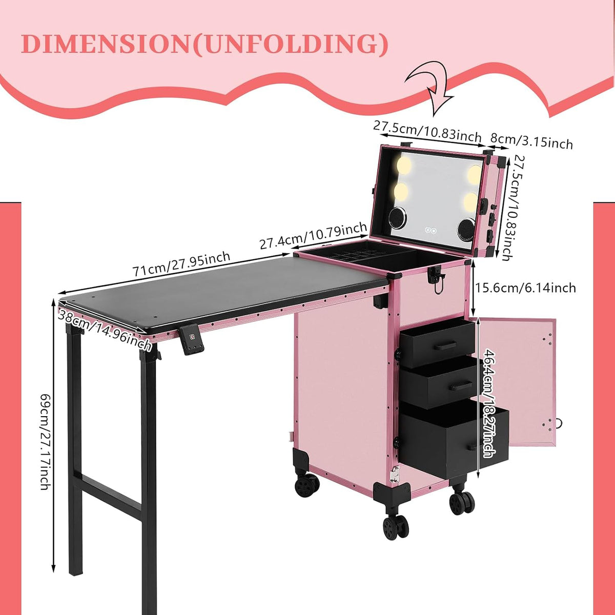 Rolling Makeup Train Case with 4 Drawers&Mirror, Foldable Makeup Nail Desk with Table&Blueteeth Speaker, Lockable Manicure Table for Technician Workstation Salon (Pink)