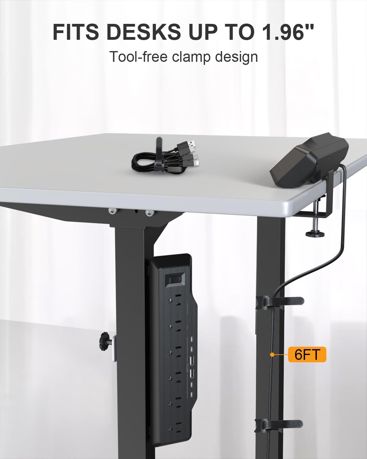 Desk Clamp Power Strip Surge Protector, 6 Outlets, Flat Plug, 1800J, 4 USB-C Ports (Any Port 35W), for Home & Office, Flame-Retardant PC-ABS Housing, Fits 1.96" Desk Edge, Black