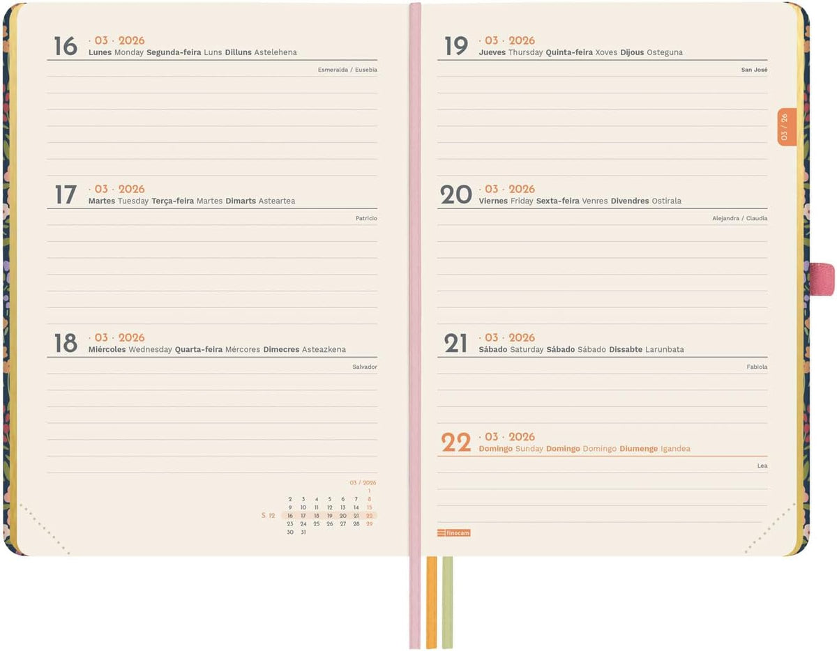 Finocam - Agenda 2026 Week to View Horizontal | January - December (12 months) | 2026 Annual Agenda with Elastic Band and 3 Dot Ribbons | Minimal Design Hardcover - Flora - English