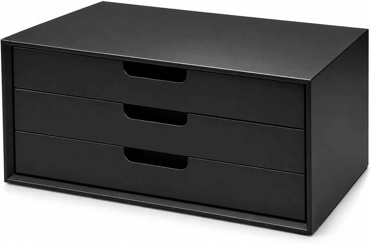 LitaEther Desk Organizer with 3 Drawers, ALEX Drawer Unit, Chic Black Wood Cosmetic Makeup Organizer for Office Vanity Tabletop Storage 13.8"X 6"X10.2"