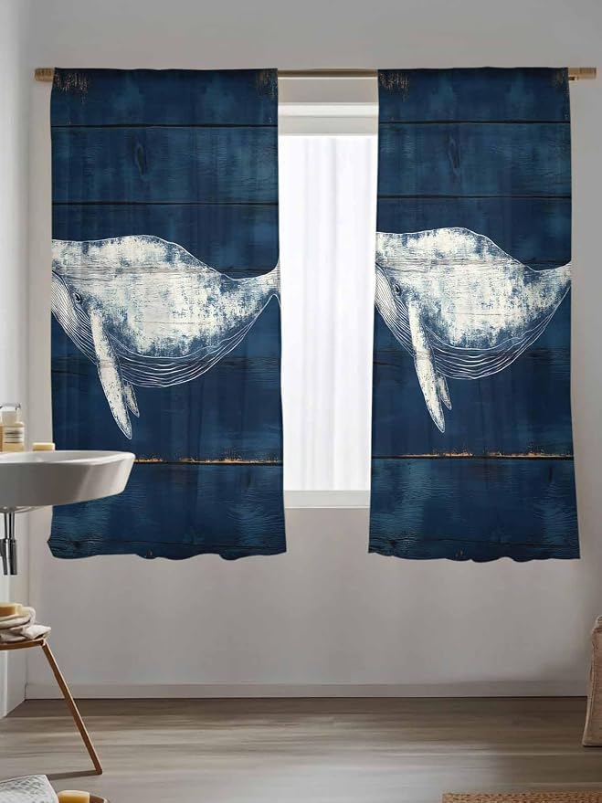 Sheer Curtains 63 Inch Length, Summer Whale Semi Sheer Curtains Light Filtering