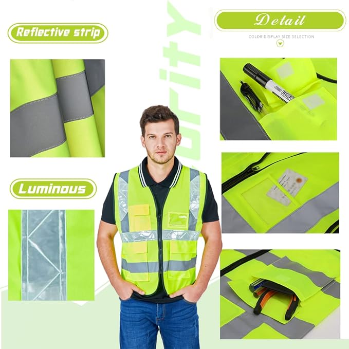 YOWESHOP High Visibility Safety Vest Custom Your Logo Protective Workwear 5 Pockets With Reflective Strips Outdoor Work Vest (L, Blue Black Luminous)