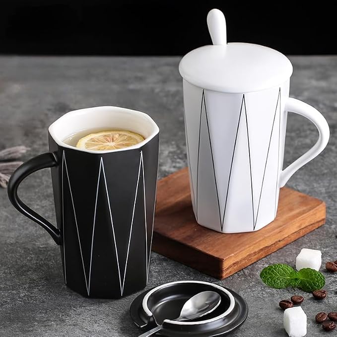Ceramic Coffee Mug with Lid and Spoon, 13 oz Thick Heavy Coffee Cup