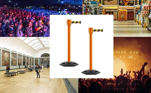 Montour Line MSR760 Set of 2 Retractable Belt Barrier Stanchion, Rubber Base, Orange Post (35 ft RED with"NO Entry" White Letters Belt)