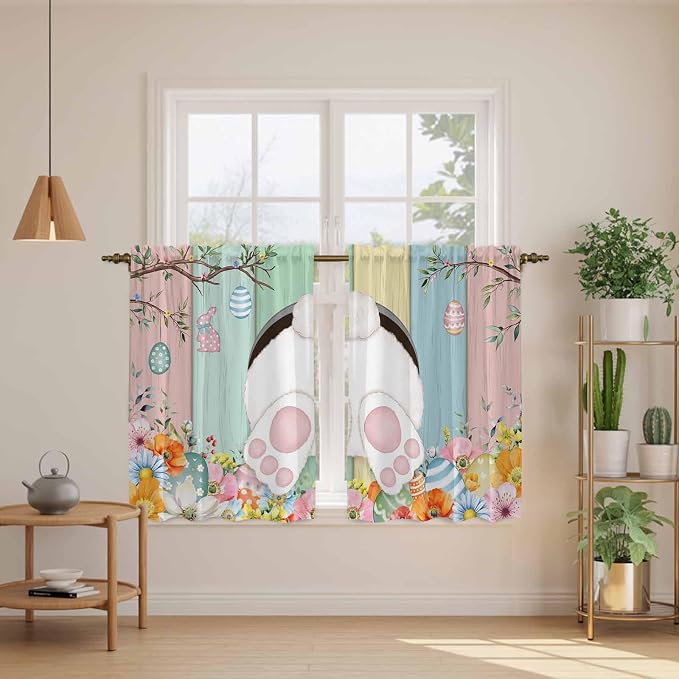 Easter Kitchen Tier Curtains 45 Inch Long 2 Panel Set, Rod Pocket Short Window