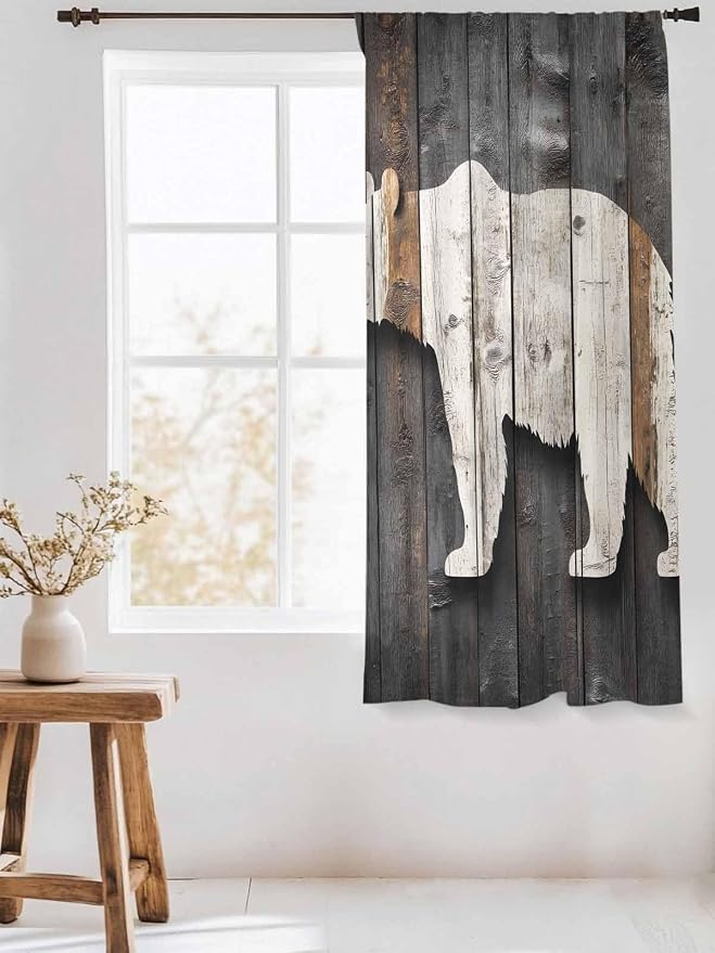 Sheer Curtains 63 Inch Length, Vintage White Brown Bear Semi Sheer Curtains