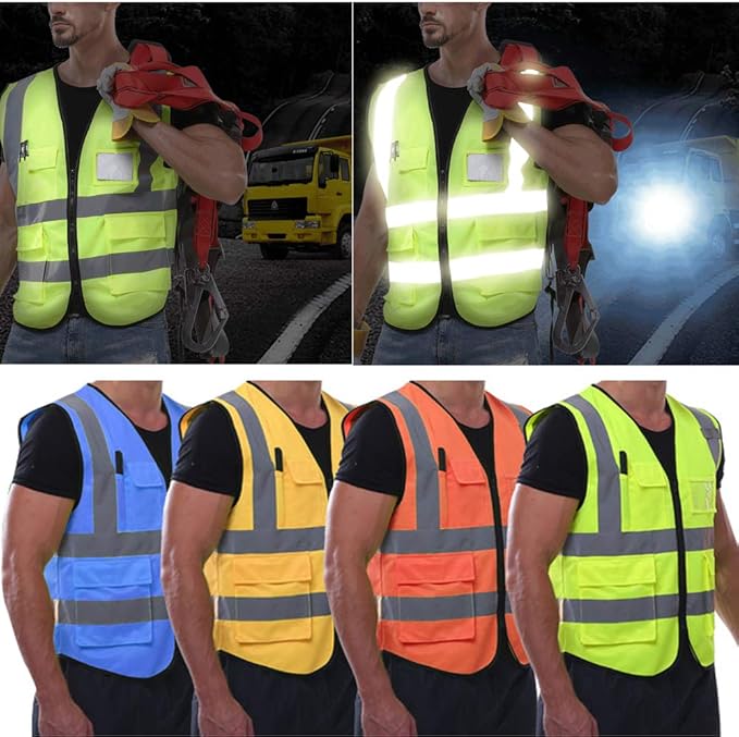 YOWESHOP High Visibility Safety Vest Custom Your Logo Protective Workwear 5 Pockets With Reflective Strips Outdoor Work Vest (Pink (XL))