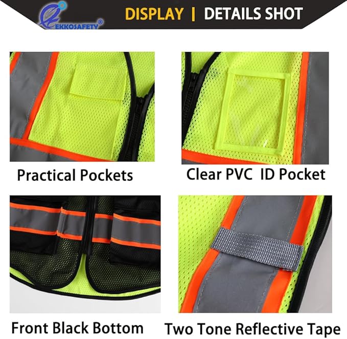 Reflective Mesh Safety Vest for Men Women with 5 Pockets and Zipper Front High Visibility Mesh Vest Hi Vis Construction Work Vest,Meets ANSI/ISEA Standards(EK175-Yellowblack-3XL)
