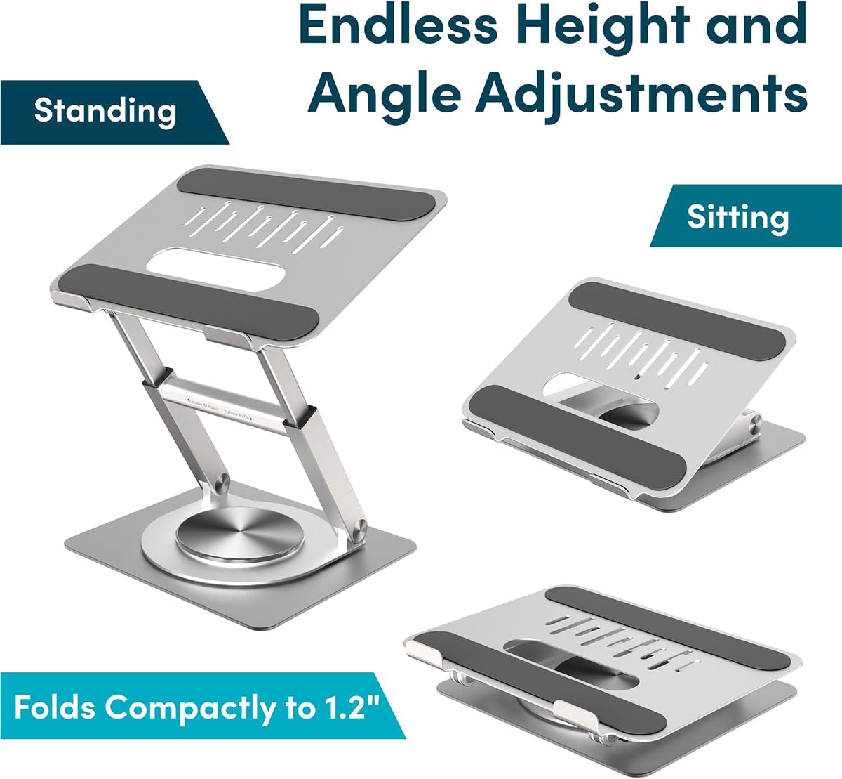 Lifelong 360 Rotating Adjustable Laptop Stand, 16" Tall Riser - Silver